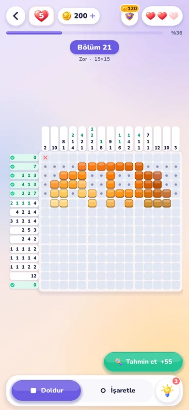 Drag a finger along a row to fill it, or mark the squares you know are empty. A wrong square costs a life, so the numbers decide every move.